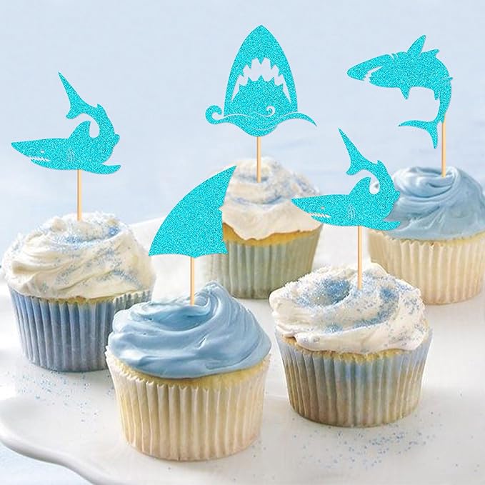 24 PCS Glitter Shark Cupcake Toppers Ocean Themed Party Shark Cake Decorations Baby Shower Birthday Party Decorations