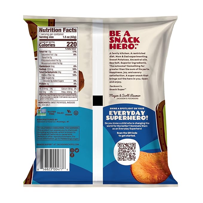 Jackson???Sweet Potato Kettle Chips with Sea Salt made with Premium Avocado Oil (1.5 oz, Pack of 10) - Allergen-friendly, Gluten Free, Peanut Free, Vegan, Paleo Friendly - Shark Tank Product