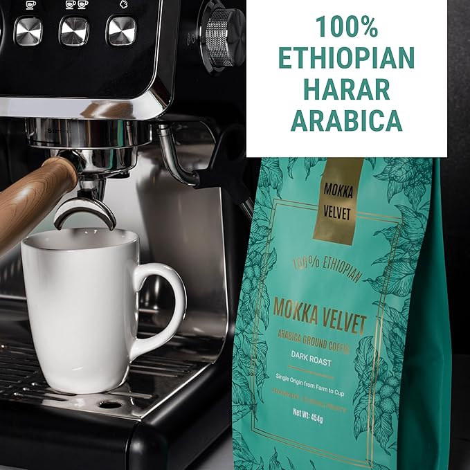 Mokka Velvet Ethiopian Coffee Ground - Organically Grown Dark Roast Coffee Ground, Single Origin, Ground Coffee, 100% Ethiopian Harar Arabica Coffee, Resealable Bag 454g.