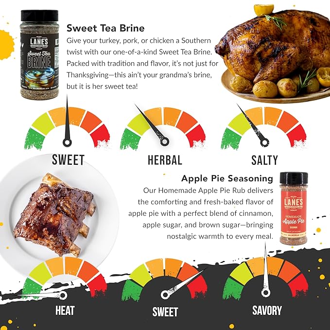Lane's Apple Pie BBQ Rub & Sweet Tea Brine Kit, Pork Rub Seasoning for Smoking & Grilling Steak, Chicken, Wings, Ribs, Ham, and Pork Chop Seasoning for a Sweet and Savory Southern Barbecue Flavor