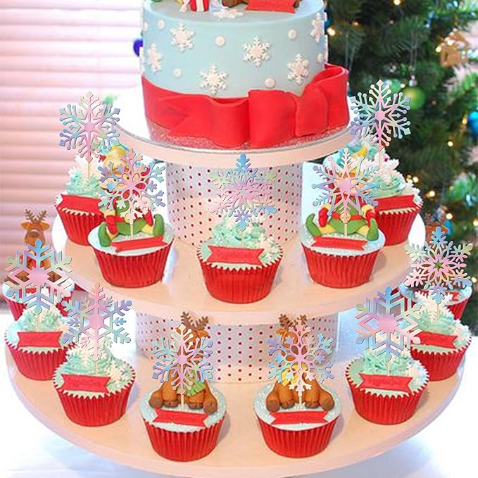 36 PCS Snowflake Cupcake Toppers Glitter Winter Frozen Snowflake Cupcake Picks for Winter Wonderland Baby Shower Kids Birthday Christmas Party Cake Decorations Supplies Colorful Silver