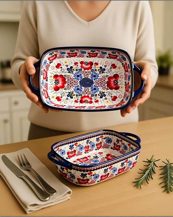 Ceramic Baking Dish Set of 2 ??Decorative Polish Pottery Style Casserole Dishes with Handles, Cute Oven-Safe Lasagna Bakeware Gift Set