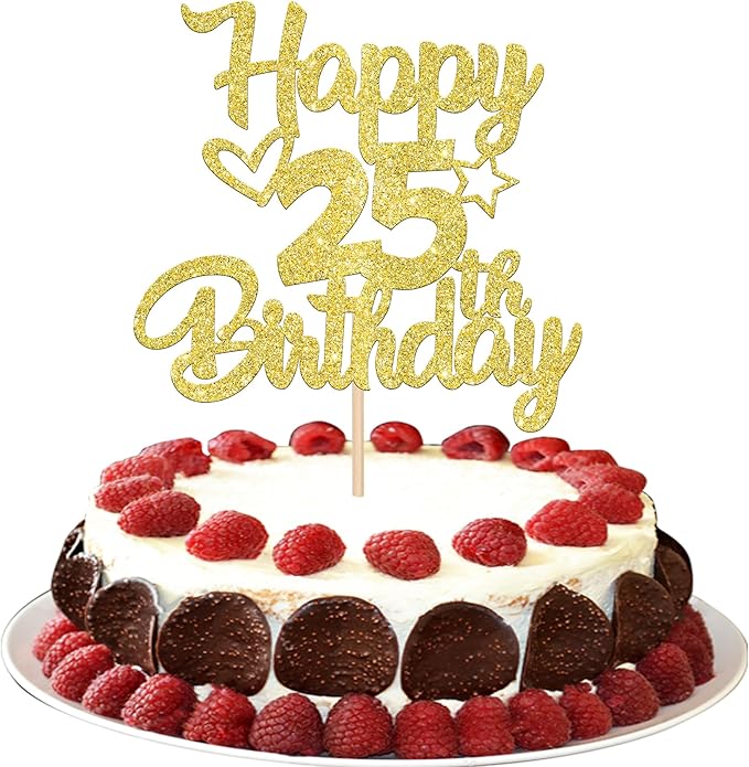 1 Pack Happy 25th Birthday Cake Topper Glitter Heart Star 25 Fabulous Cake Pick Birthday Sign Cake Decorations for Children 25th Birthday Theme Party Supplies Gold