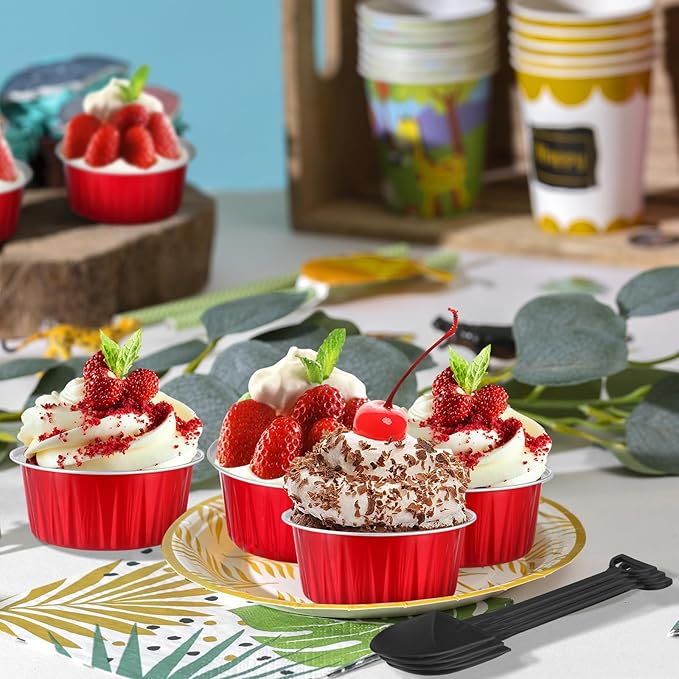 100Pack Cupcake Containers, 5oz Dessert Cups with Lids, Mini Cake Pans With Lids&Spoons for Valentines Day Baking Supplies Gift Party Cake Baking Sales Stackable Portable
