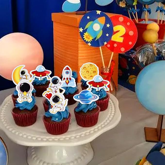 40Pcs Edible Outer Space Cupcake Toppers Space Astronaut Cupcake Picks Rocket Planet Trip to the Moon Cake Decoration for Outer Space Astronaut Theme Baby Shower Birthday Party Decorations