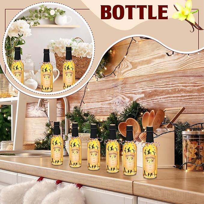Tioncy 16 Pcs Vanilla Extract Bottles for Homemade Vanilla Jar Glass Bottle with Cap, Shrink Band, Sticker Syrup Gift Food Storage Canister for Bean Sauce Spice(Black,8.5 oz)