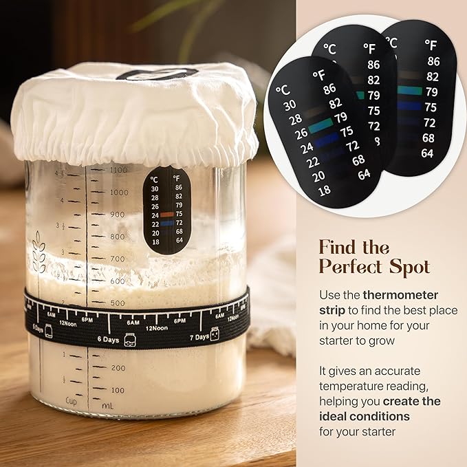 Sourdough Starter Kit with 40 oz Glass Jar ??Extra Thermometer Strips and Breathable Covers Included in Sourdough Starter Jar Kit ??A Perfect Sourdough Bread Starter Kit for Beginners to Expert