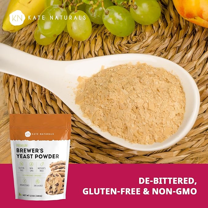 Kate Naturals Brewers Yeast Powder for Lactation Support & Nursing Moms. Debittered Brewer's Yeast for Lactation Cookies & Lactation Supplement (12oz, Gluten Free, Non-GMO)