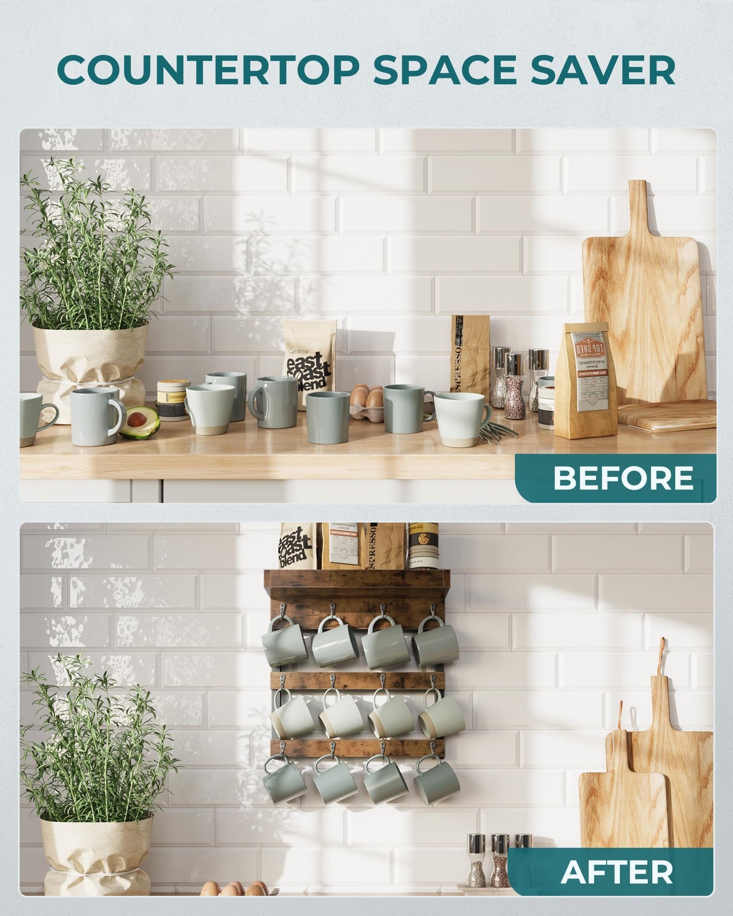 OROPY Coffee Mug Rack Wall Mounted, Rustic Wood Cups Rack, 12 Hooks & Shelf