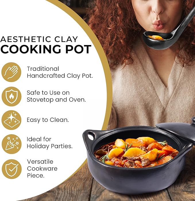 Authentic Chamba Casserole - Elegant Handmade Black Clay Cooking Pot with Cover - Perfect for Soups, Stews, Braises & More - Versatile & Durable - Stovetop Safe - 4.5-Qt.