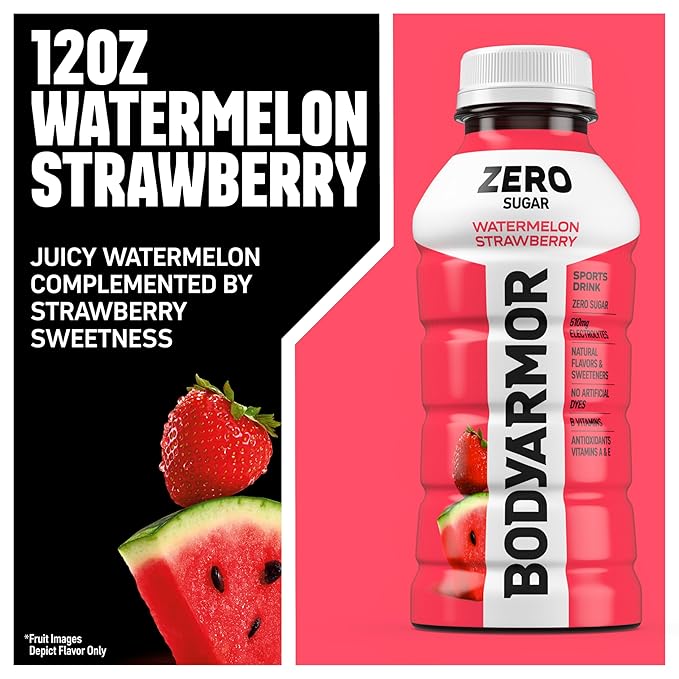 BODYARMOR ZERO Sugar Watermelon Strawberry, Sugar Free Sports Drink - Low-Calorie Hydration - Natural Flavors with Potassium Packed Electrolytes, Antioxidants, and B-vitamins, 12 fl oz (Pack of 8)