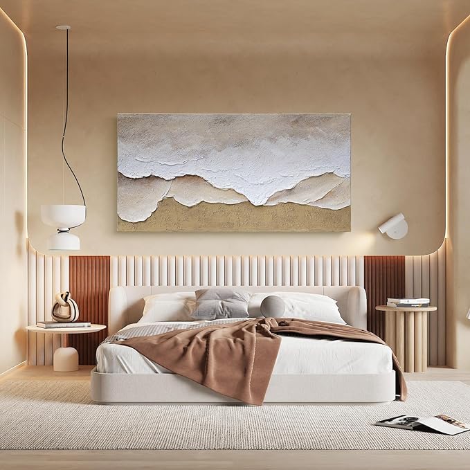 Artaanchuil Hand Painted Beach Waves Textured Wall Art - White and Brown Oil Painting 24x48 Inch Rectangle Large Moden Artwork for Living Room Horizontal Wall Decor