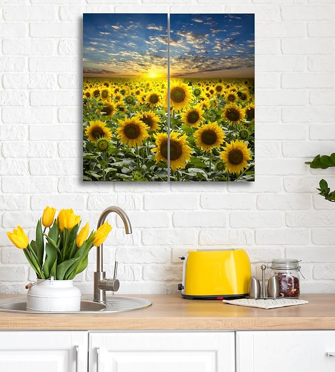 Sunflower Canvas Wall Art Decor - 2 Piece Set, Decorative Multi Panel Split Prints - Flower Field Landscape Picture for Living Room, Kitchen, Bedroom, Office & Home Decor Gift