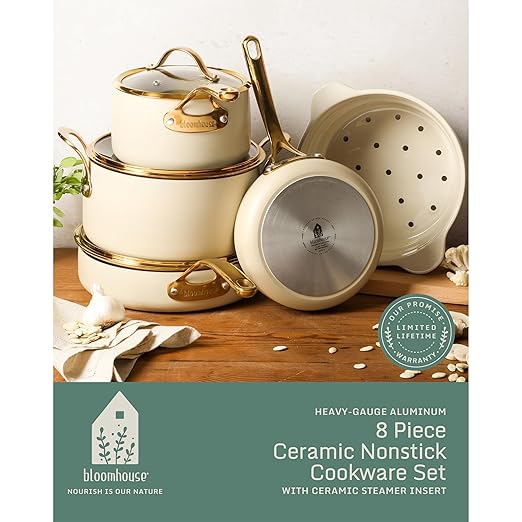 bloomhouse 8 Piece Pots and Pans Heavy Duty Aluminum Premium PFA Free Ceramic Nonstick Cookware Set - Almond Cream w/Gold Handle