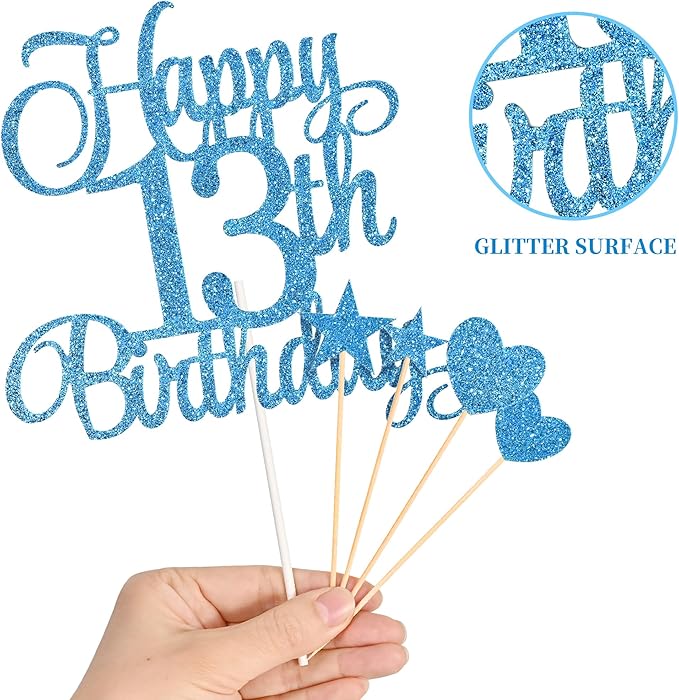 13th Birthday Cake Decorations, 13th Birthday Candles Cake Numeral Candles and Glitter Happy 13th Birthday Cake Toppers Set for Birthday Party Supplies (Blue)