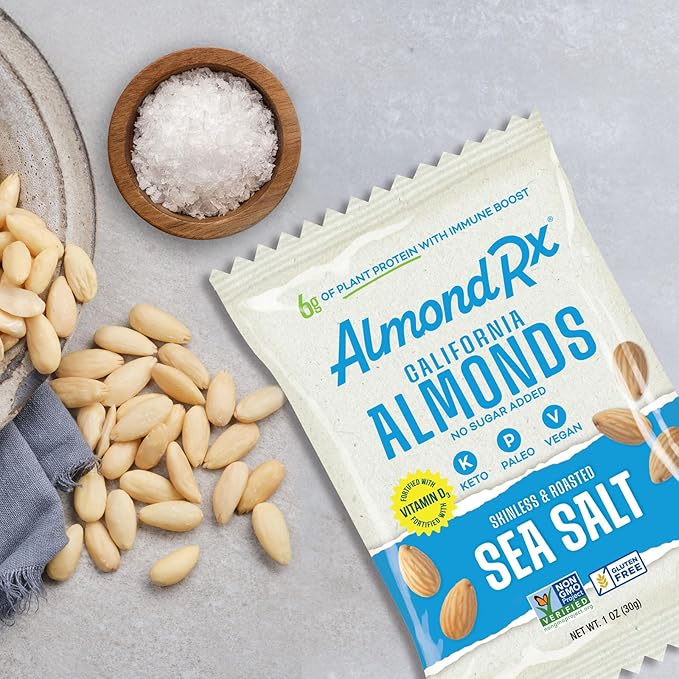 AlmondRx | Heart Healthy Skinless Lightly Salted California Almond Snack Packs | Fortified with Vitamin D | Plant Protein | Keto | Vegan | No Sugar Added (6 Pack, Sea Salt)