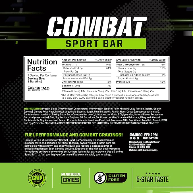 MusclePharm Combat Sport Bar, Chocolate Peanut Butter Cup, High Protein Bars, Combat Cravings, Fuel Performance & Meet Energy Demands, 20g Protein from Whey Protein, 5g Fiber, Gluten Free, 12 Bars