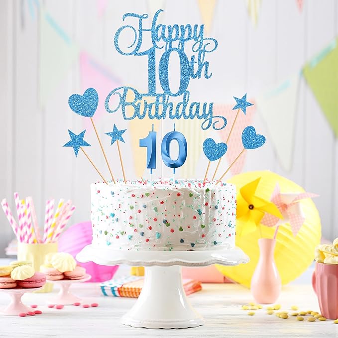 10th Birthday Cake Decorations, 10th Birthday Candles Cake Numeral Candles and Glitter Happy 10th Birthday Cake Toppers Set for Birthday Party Supplies (Blue)