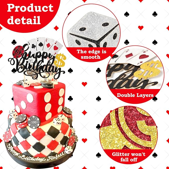 24 PCS Casino Cupcake Toppers Glitter Casino Themed Party Decorations with Chips Dice Las Vegas Night Theme Birthday Party Decorations Supplies