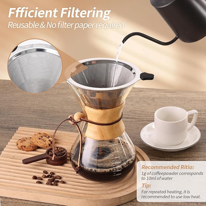 Pour Over Coffee Maker 27 OZ, 8 Cup Borosilicate Glass Drip Coffee Maker with Reusable Stainless Steel Filter and Cork Grip for Home Caf챕 800 ML