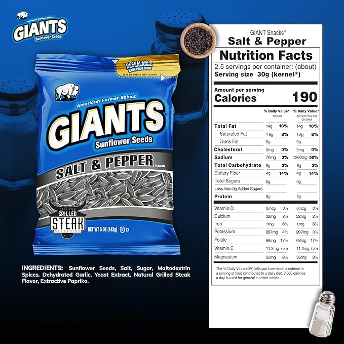GIANTS Salt & Pepper Sunflower Seeds - Sunflower Seeds Bulk, Cracked Pepper Sunflower Seeds to Eat, Flavored Healthy Snack with 8g Protein Per Serving - 5 oz Bags (Pack of 3)