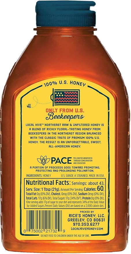 Local Hive Northeast Raw Unfiltered Honey – 32oz, 100% Pure US Honey, Sourced from American Bees and Beekeepers - Natural Sweetener, Ideal for Tea, Baking, and Cooking