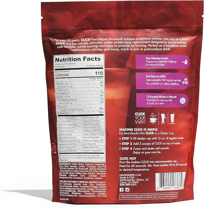 Click Coffee Protein Powder | Double Shot Espresso | 16g Protein | 23 Essential Vitamins | Low Calorie Meal Replacement | 150mg Caffeine | Gluten Free | No Artificial Flavors or Colors | Hazelnut