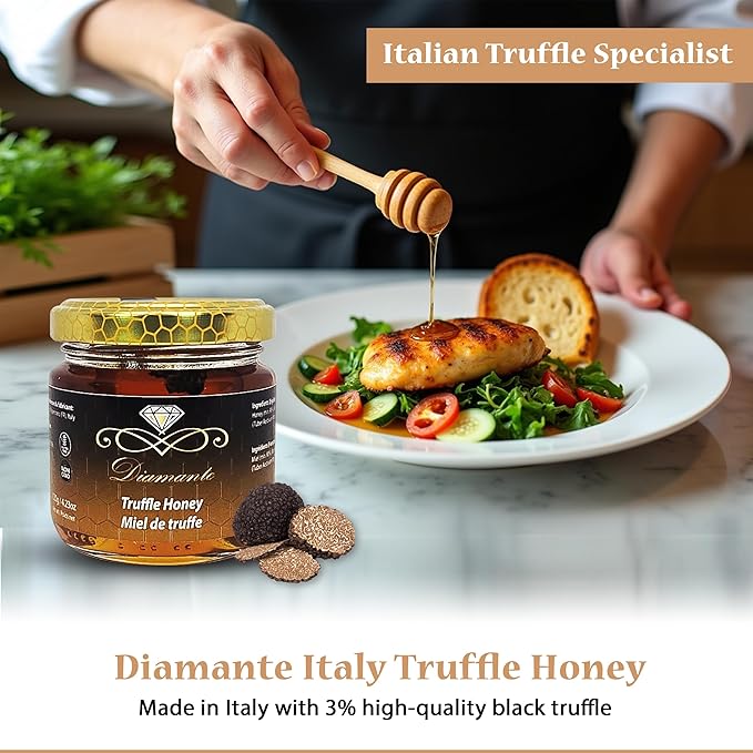Diamante Italy Truffle Honey - Italian Luxurious Gourmet Flavored Honey with 3% Black Truffle - Ideal for Charcuterie Board & Cheese Plate - Non GMO & Made in Italy - 120g