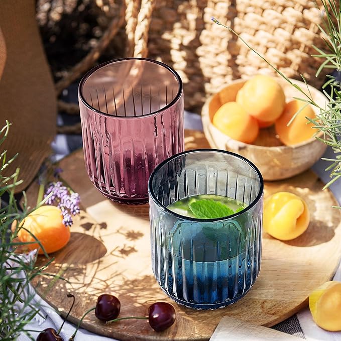 Joeyan Vintage Small Drinking Glasses,9 oz Ribbed Colored Water Cocktail Tumblers Cups,Beer Wine Juice Milk Beverages Glassware,Set of 4,Dishwasher Safe