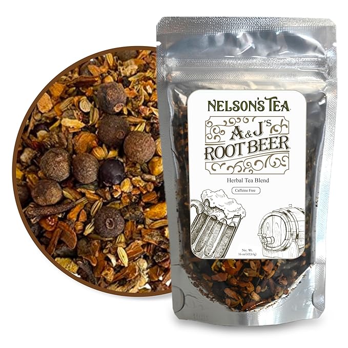 Nelson's Tea A&J's Root Beer - Sarsaparilla Root Herbal Loose Leaf Tea - A Harmonious Blend of Flavorful Ingredients like Sarsaparilla, Burdock Root, Birch Bark, and More! (16 oz)