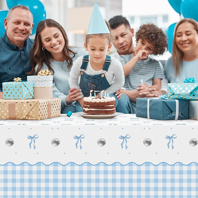Coquette Blue Bow Party Tablecloths - 3Pcs Watercolor Blue Bow Birthday Table Cover, Disposable Plastic Rectangular Table Cloth Party Decorations for Birthday Baby Shower Wedding Supplies