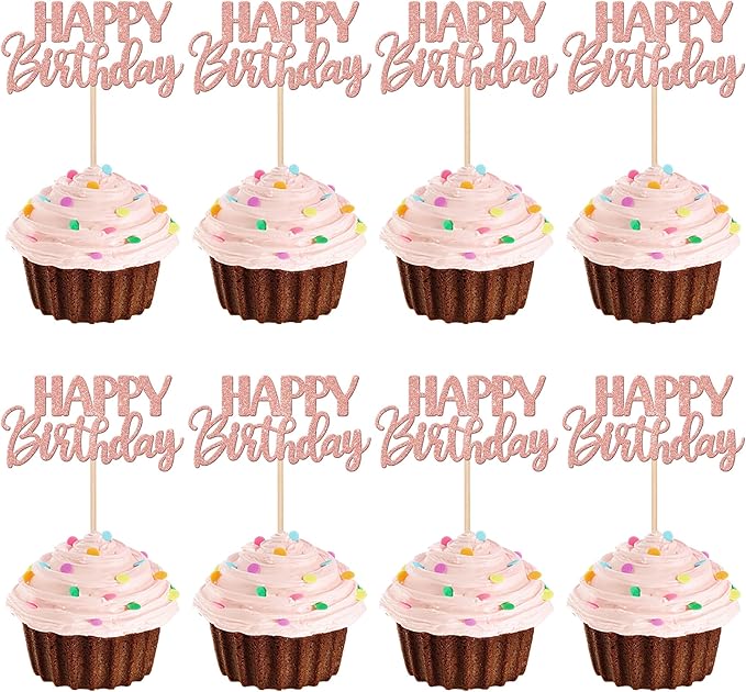 30 PCS Happy Birthday Cupcake Toppers Glitter Happy Birthday Cupcake Picks for Celebrating Birthday Anniversary Theme Party Cake Decorations Supplies Rose Gold