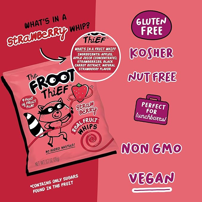 The FROOT Thief Real Fruit Snack Whips, Strawberry, Nut Free, Perfect for School Lunches and Snacks, Individual Bags Kids Snacks, 24 Pack