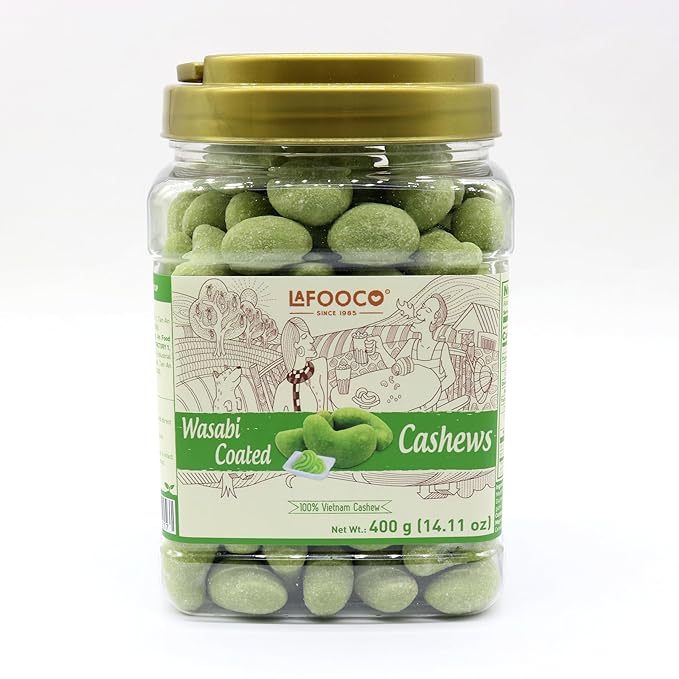 LAFOOCO Cashews, 100% Natural, Vegan Snacks, Great Gift, Resealable Jar, Halal, BRCGS (14.11 oz) (400 g, Wasabi Cashews)