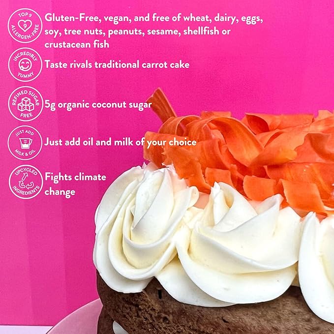Bake Me Healthy Vegan and Gluten-Free Carrot Cake & Cupcake Mix, 11.9oz (337g) ??Dairy-Free, Egg-Free, Nut-Free, Plant-Based, Low Sugar, Allergy-Friendly, Easy to Bake, Made with Upcycled Ingredients