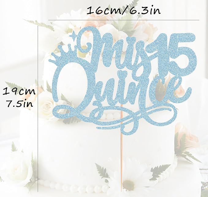 Quinceanera 15 Cake Topper - Light Blue Glitter 15th Birthday or Anniversary Party Cake Decorations for Girls, Mis A챰os 15 Cake Topper, Cheers to 15 Years Birthday Party Photo Booth Props