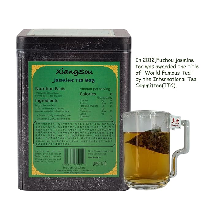Xiangsou Jasmine Tea,Premium Chinese Green Tea From Fuzhou with 40 Tea Bags,Strong Flower Fragrance Chinese Tea With a Mellow Taste