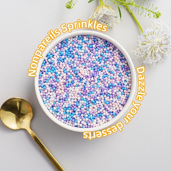 Mermaid Pastel Nonpareils Sprinkles, 4oz Edible Pink Blue and Purple Pearl Sprinkles for Ice Cream Toppings Cupcake Cake Chocolate Decoration, Wedding Party Cookies Baking Dessert Food Supplies
