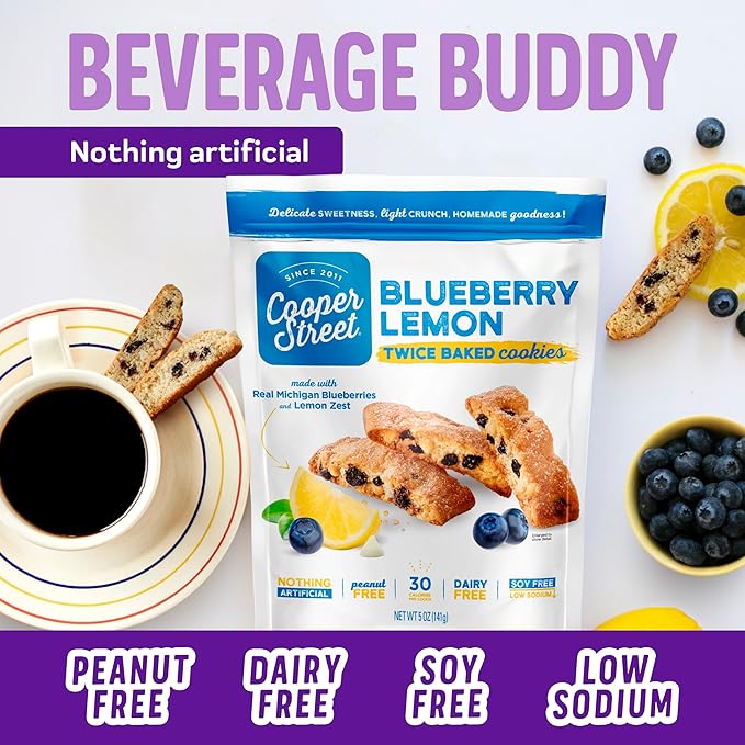 Cooper Street Italian Biscotti Cookies - Twice Baked Biscotti Style Cookie Biscuits in Delicious Blueberry Lemon Flavor | Crispy, Light and Healthy Cookies | Peanut & Dairy Free | 1.25 oz - 24 Pack