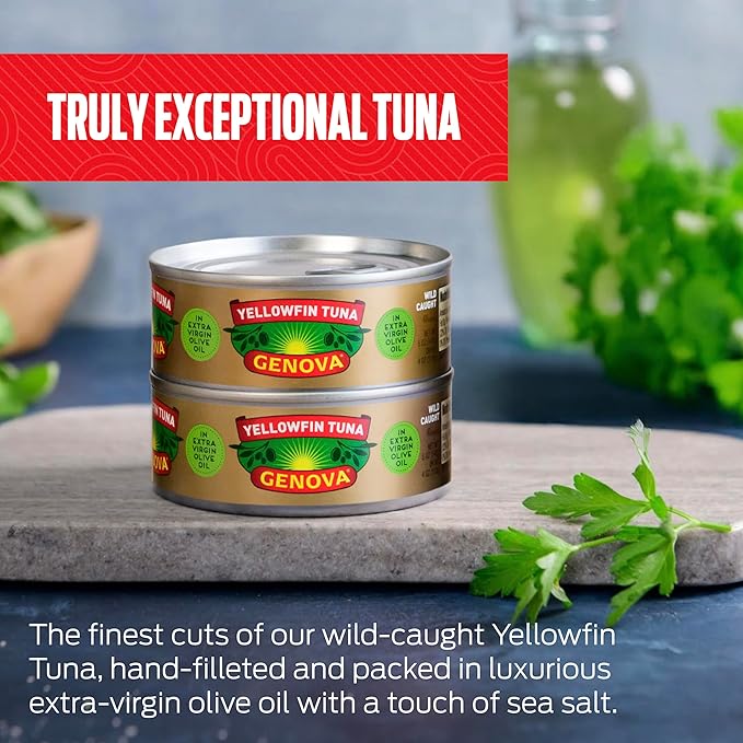 Genova Premium Yellowfin Tuna in Extra Virgin Olive Oil with Sea Salt, 5 Ounce Cans (Pack of 24), Wild Caught, Solid Light