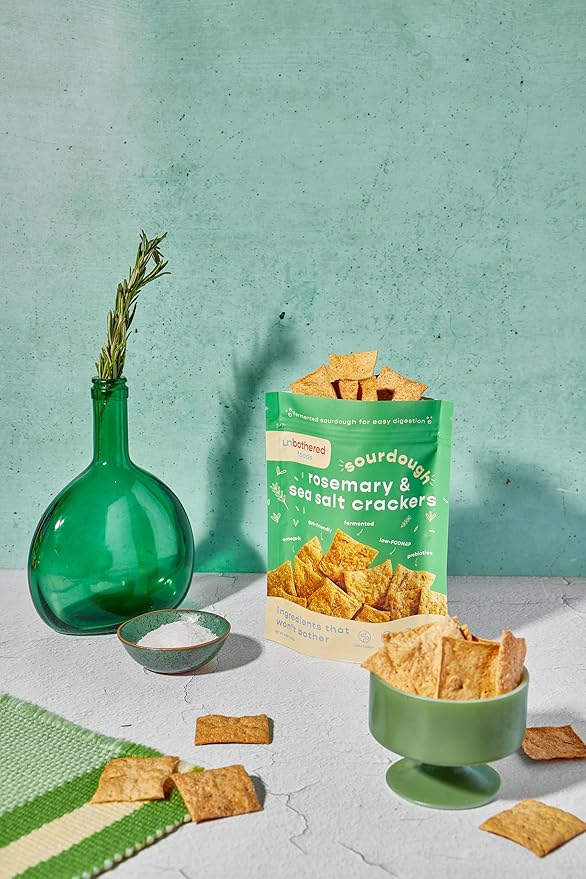Unbothered Foods Rosemary & Sea Salt Sourdough Crackers - Gut-Friendly & Easy to Digest, Non-GMO, No Added Sugar, Nut-Free, Perfect for Cheese & Snacks, 100% Naturally Fermented (3-pack)