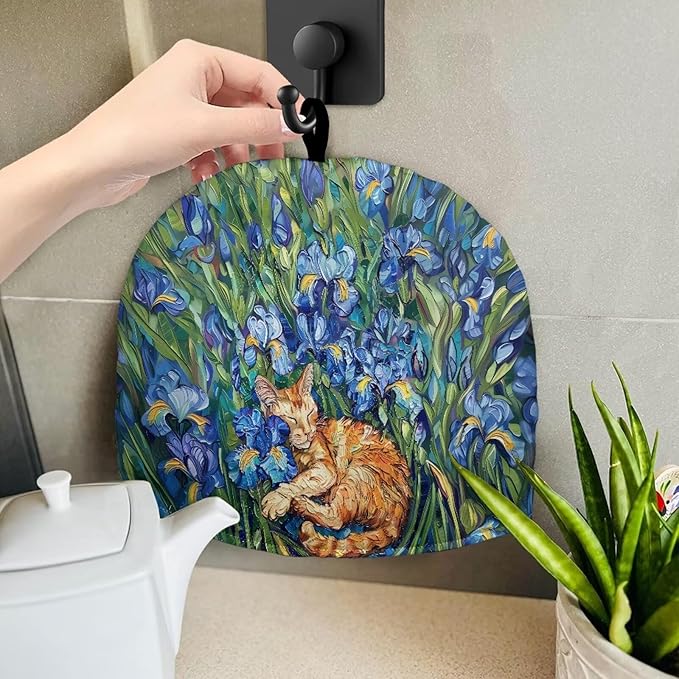 Cute Iris Cat Tea Cosy for Teapot with Handle Kitchen Kettle Dust Cover for Keeping Warm Machine Washable Tea Cosy Fabric Quilted Padding