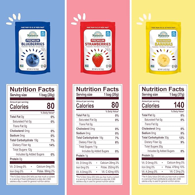 NATIERRA Premium Freeze-Dried Blueberries, Strawberries & Bananas | Non-GMO & Vegan, Gluten Free, No Additives, No Sugar Added | Variety Pack (Pack of 3)