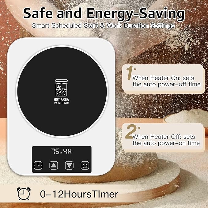 Sourdough Starter Warmer with Memory Function– 1°F Precision Temperature Control (70–100°F), Auto On/Off, 12-Hour Timer, Fits sourdough starter Jars Up to 40oz for Home Baking and Fermentation.