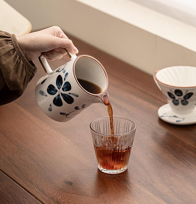Pour Over Coffee Maker,Ceramic Coffee Maker With 40 pcs V60 Paper Filter竊?5oz/450ml Pour Over Coffee Dripper (Blue and white, V02)