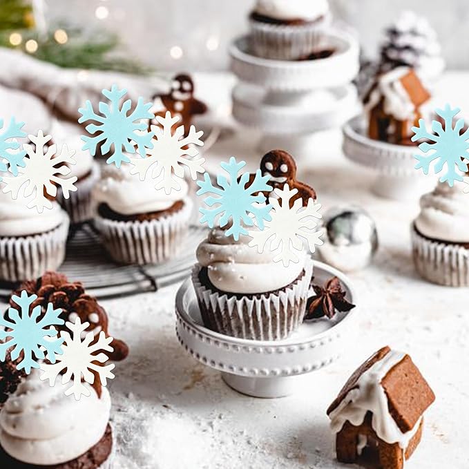 50 PCS Edible Snowflake Cupcake Toppers Edible Snowflake Frozen Cupcake Toppers Wafer Paper Frozen Party Decorations for Christmas Frozen Theme Birthday Party Cake Decorations Supplies Blue and White
