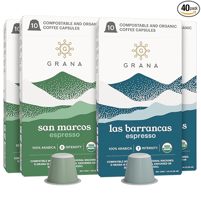 G GRANA Coffee Pods, Compatible with Nespresso OriginalLine, 40 Count, Medium and Dark Roast, USDA Organic 100% Arabica Single Source Specialty Coffee, Compostable Single Serve Capsules