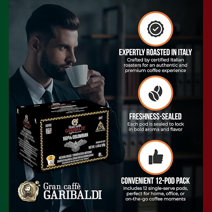 Caffè Garibaldi Colombian Decaf Coffee Pods, Single-Serve Capsules for Keurig K-Cup Brewers, Single Serve Cups with 100% Arabica Blend for Coffee Makers, 12 Count Recyclable Pods - Medium Roast