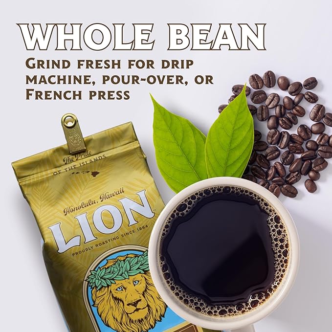 Lion Coffee 24K Gold Roast 100% Kona Whole Bean Coffee, Medium-Light Roast, A Taste of Aloha - 7 Ounce Bag