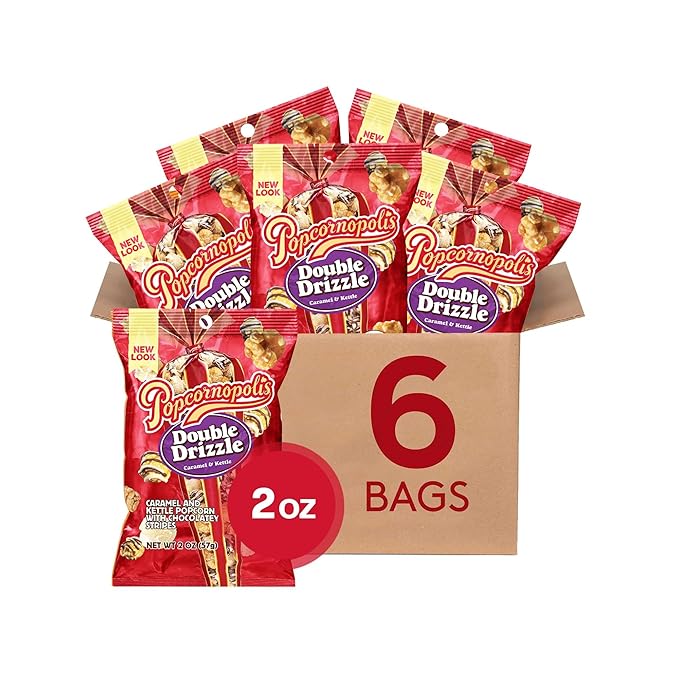 Popcornopolis Double Drizzle 6 ct, 2 oz Case, Caramel and Kettle with Chocolatey Stripes Flavored Indulgent Popcorn